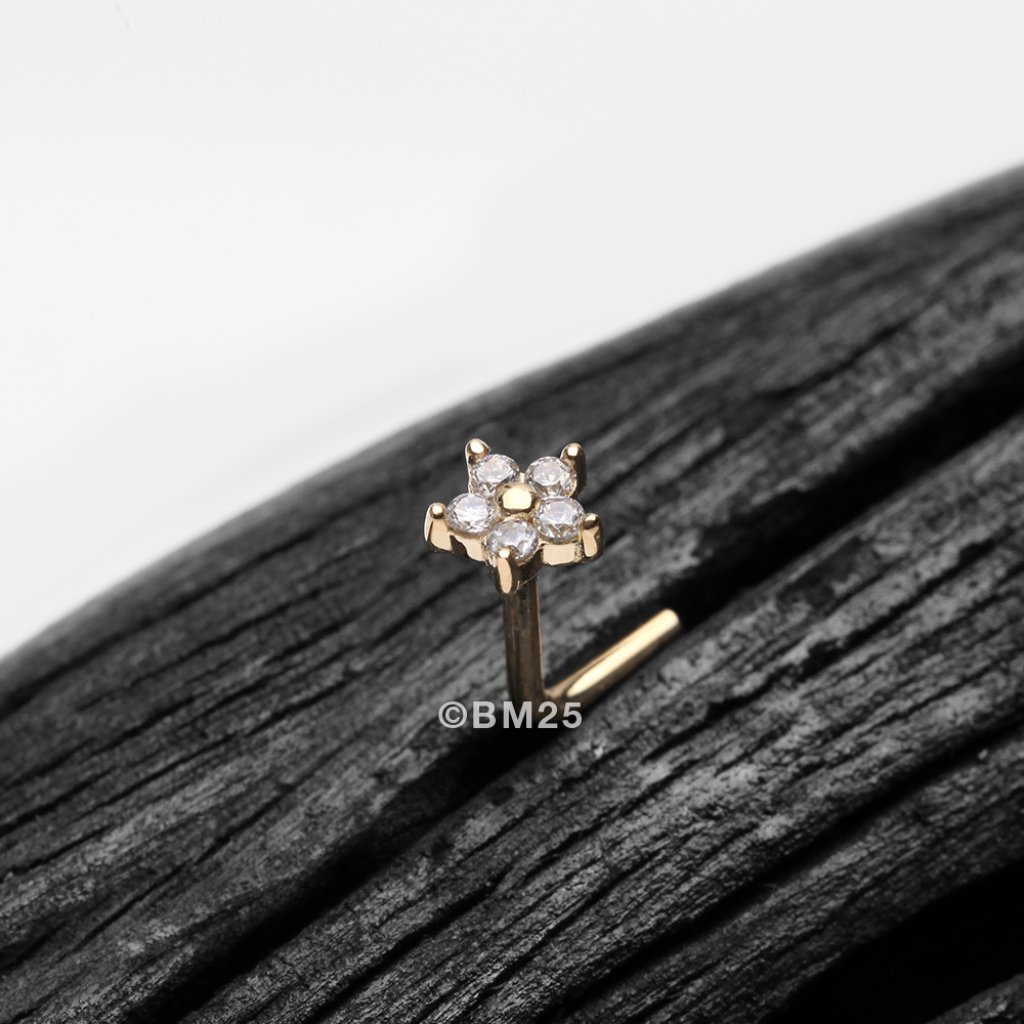14 Karat Gold Spring Flower Sparkle L-Shaped Nose Ring